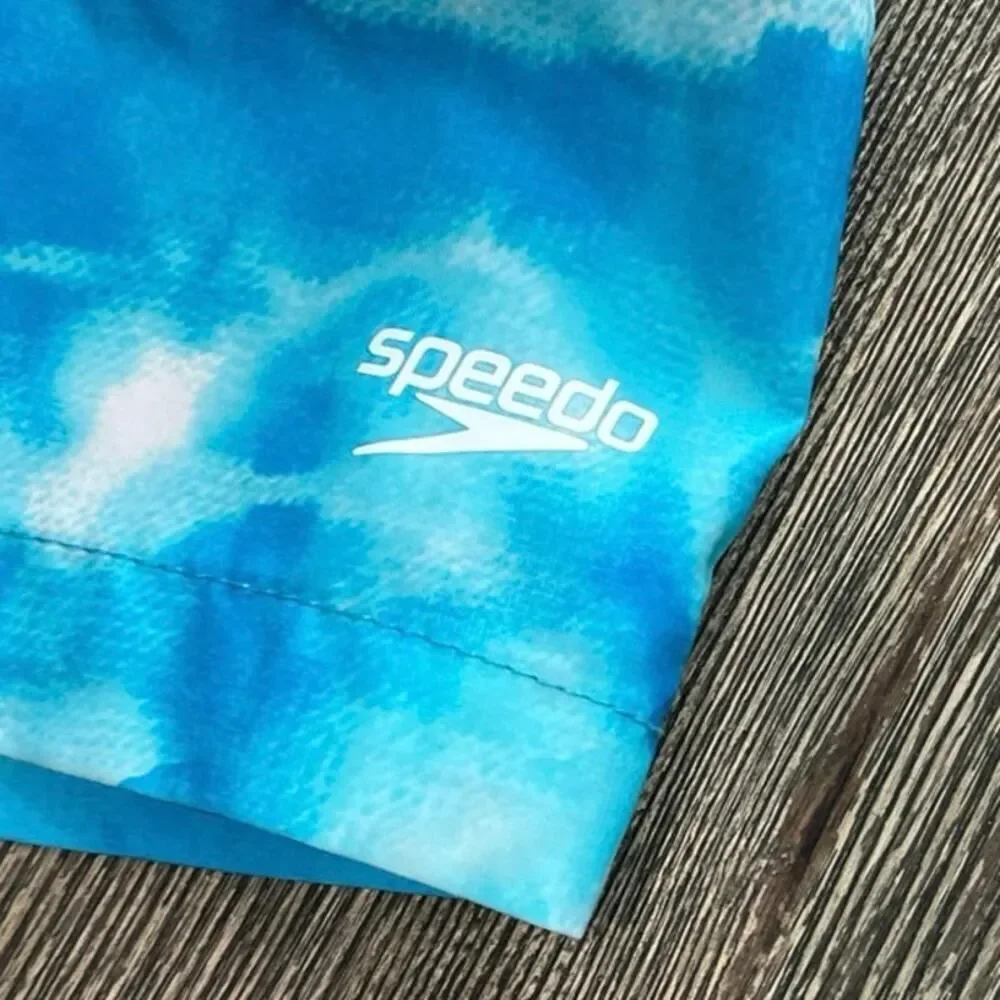 Speedo Mens Tie Dye Swim Trunks Pull-On Elastic Waist Pockets Light Blue Size M